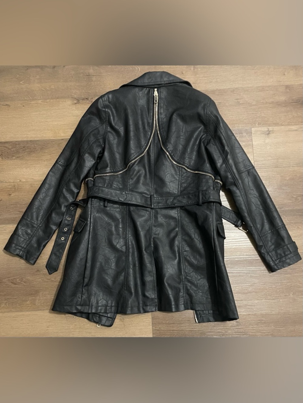 Black bikercore Faux Leather Belted Moto Trench Coat - Picture 2 of 3